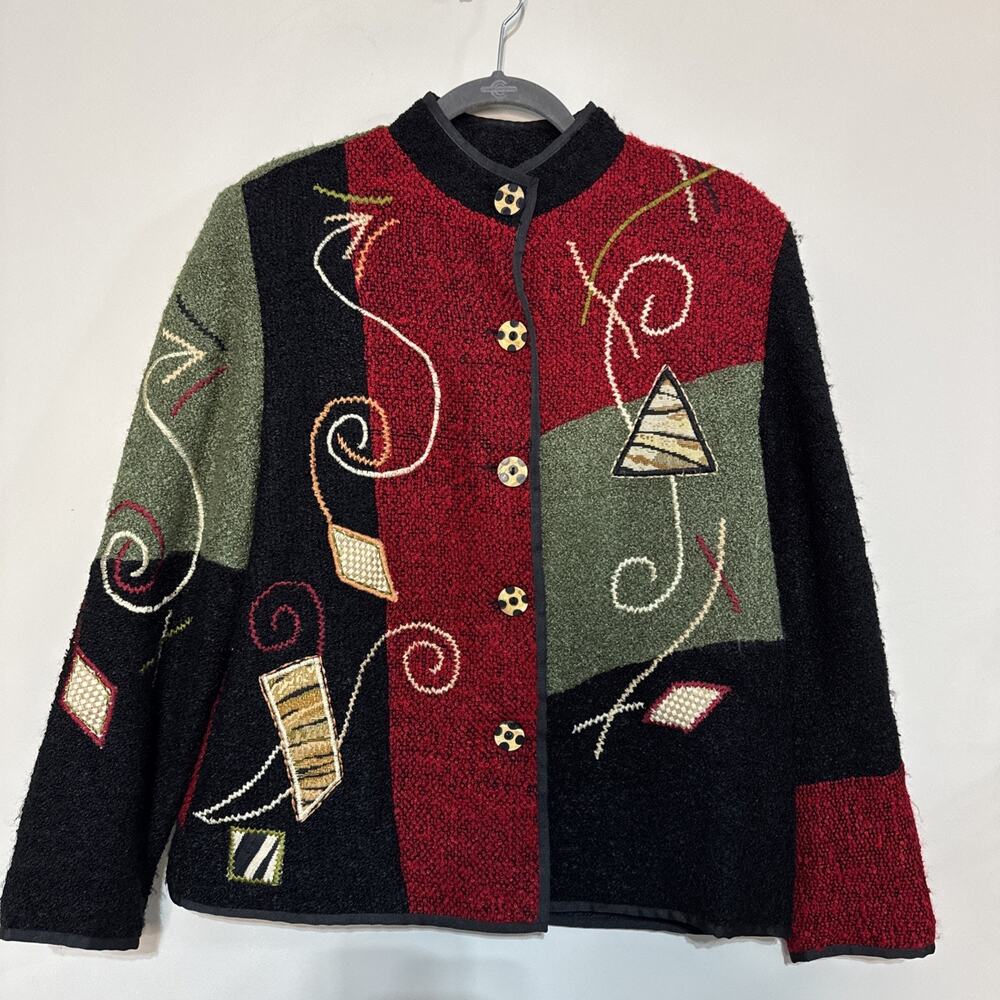 Vintage Alex Kim‎ Blazer Jacket women Sz Medium Embroidered Patchwork #049